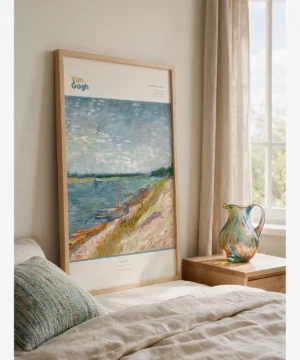 Vincent van Gogh, "The Moored Canoes": A landscape poster featuring orange boats moored along the banks of the Seine, the blue river, and the clear sky