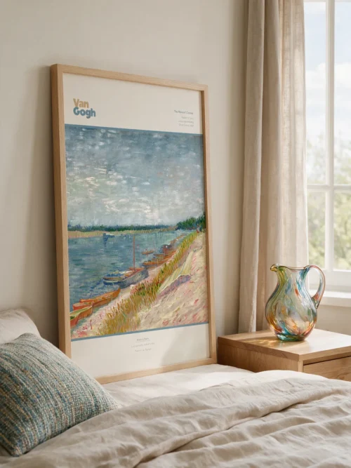 Vincent van Gogh, "The Moored Canoes": A landscape poster featuring orange boats moored along the banks of the Seine, the blue river, and the clear sky