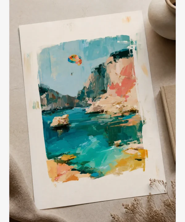 kas-kiyilari-deniz-parasutu-poster-baski-detayi Kaş Kıyıları Deniz Paraşütü Yağlı Boya Resim Posteri