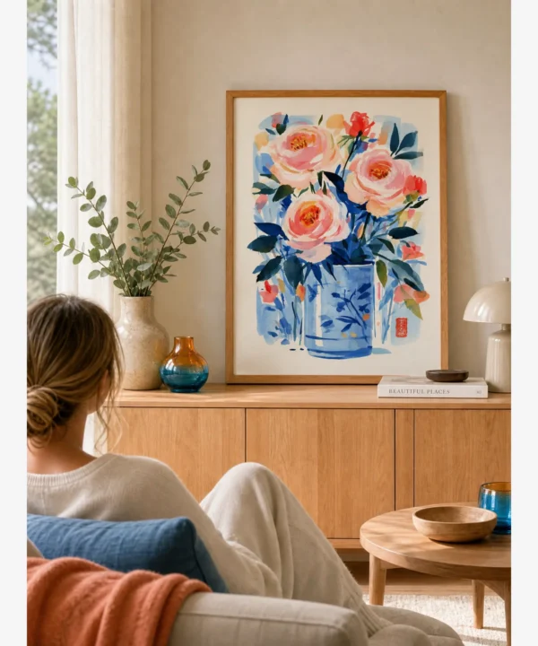 Mavi Vazoda Pembe Güller Poster