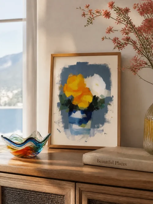 Mavi Vazoda Sarı ve Beyaz Çiçekler Poster