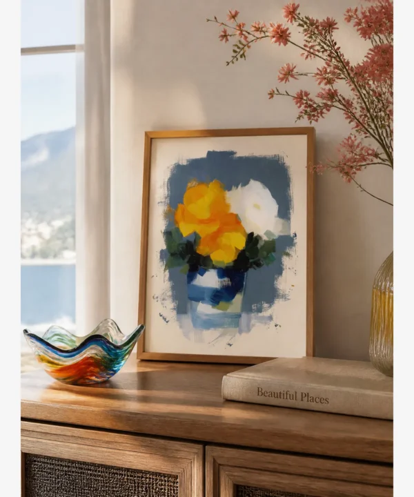 Mavi Vazoda Sarı ve Beyaz Çiçekler Poster