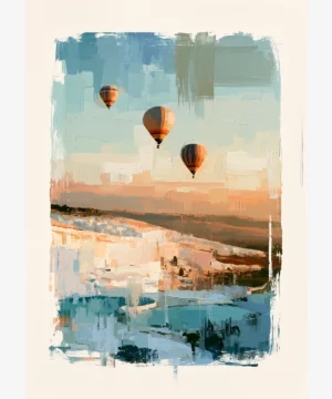 Pamukkale Sıcak Hava Balonları Yağlı Boya Resim Posteri