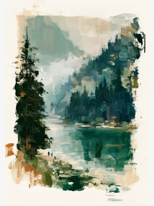 "A Walk Around Uzungöl Lake Amid the Mists" Oil Painting Poster